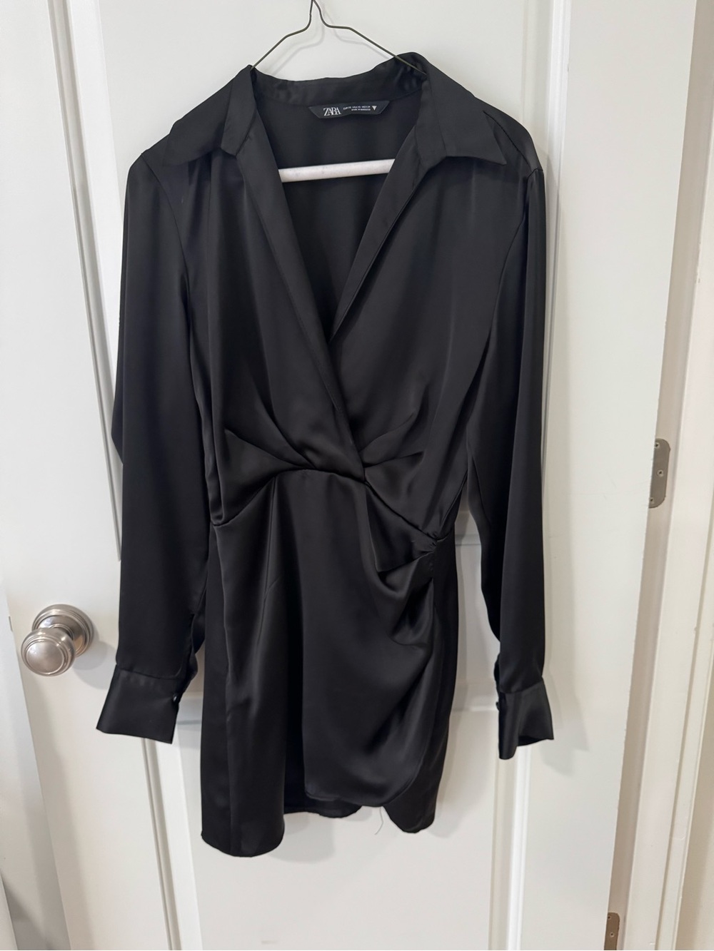 Zara Black Satin Twist-Waist Button Down Shirt